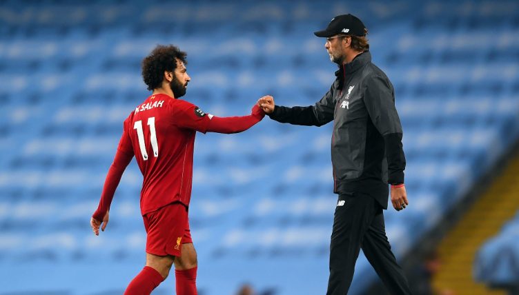 Liverpool manager Jurgen Klopp and Mohamed Salah at the Etihad Stadium, Manchester, July 2020.