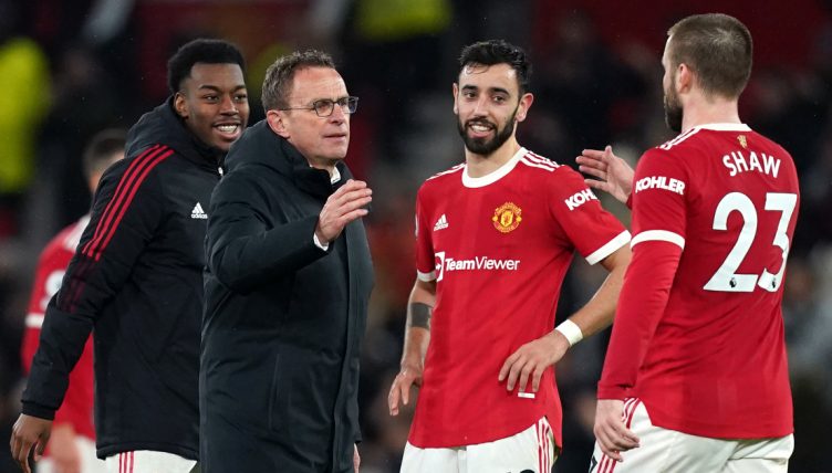 Ralf Rangnick, Bruno Fernandes and Luke Shaw of Manchester United, Old Trafford, February 2022