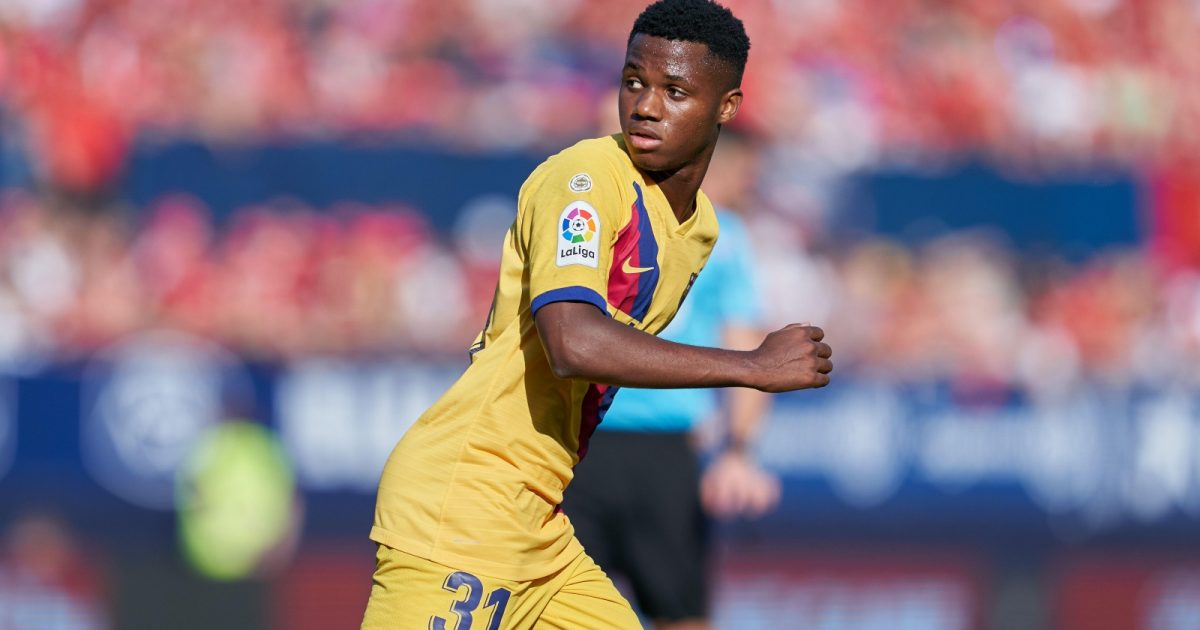 Ansu Fati during the La Liga match between Osasuna and Barcelona at El Sadar Stadium, Pamplona, August 2019.