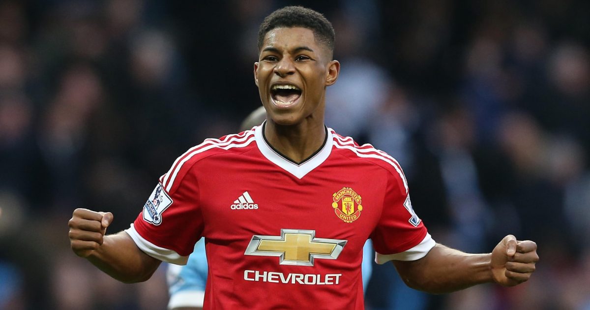 Marcus Rashford celebrates after the Premier League match between Manchester City and Manchester United at Etihad Stadium, Manchester, March 2016.