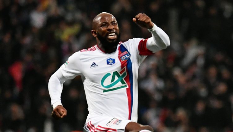 Moussa Dembele celebrates scoring for Lyon against Paris FC at the Stade Charlety. December 17, 2021.