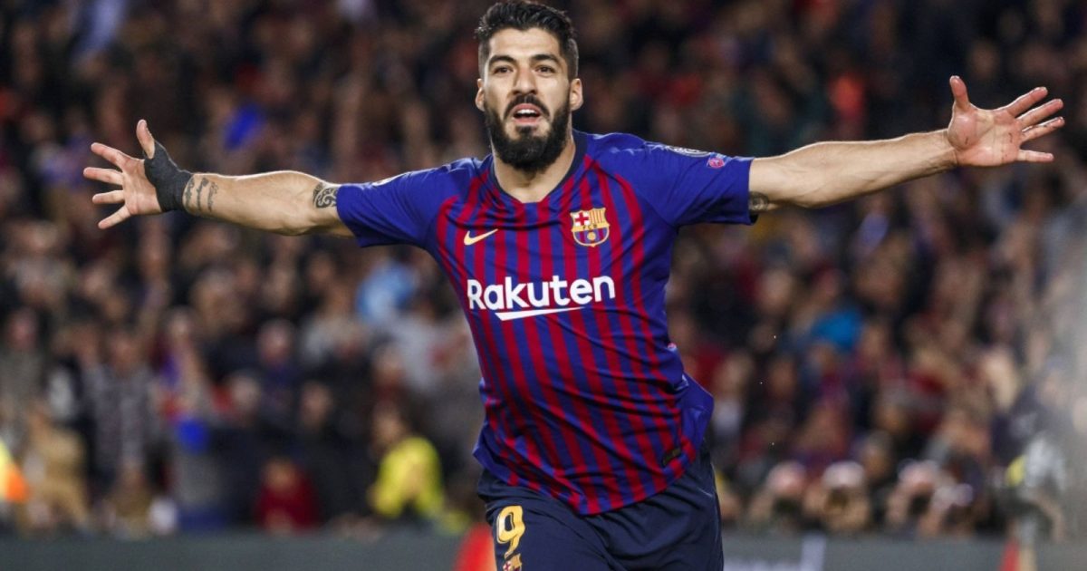 Barcelona striker Luis Suarez celebrates scoring in the UEFA Champions League semi-final first leg between Barcelona and Liverpool at Camp Nou, Barcelona, Spain, May 2019.