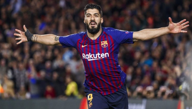 Barcelona striker Luis Suarez celebrates scoring in the UEFA Champions League semi-final first leg between Barcelona and Liverpool at Camp Nou, Barcelona, Spain, May 2019.
