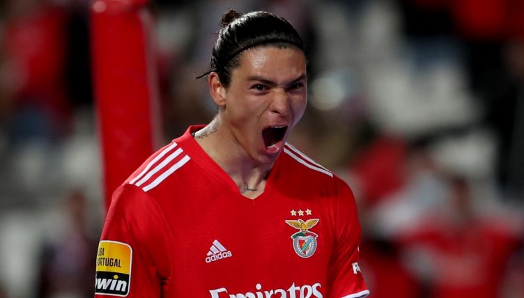 Benfica striker Darwin Nunez celebrates scoring against CD Santa Clara at Estadio da Luz, Lisbon, February 2022.
