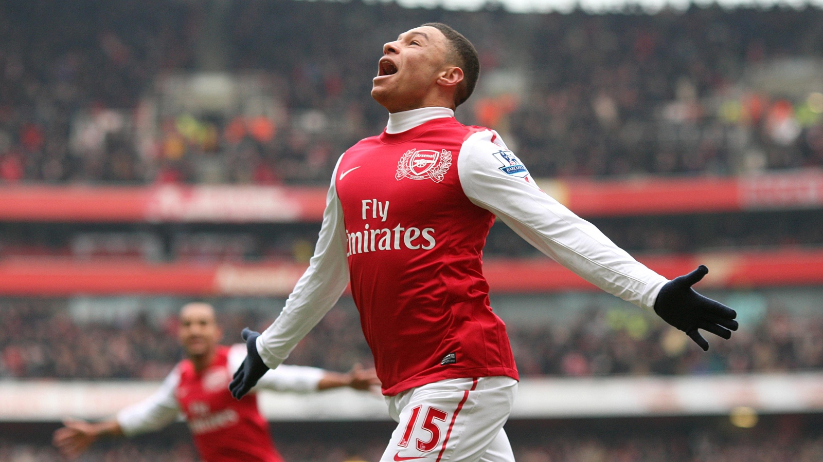 Arsenal's Alex Oxlade-Chamberlain celebrates scoring their third goal of the Premier League game against Blackburn Rovers. Emirates Stadium, February 2012.