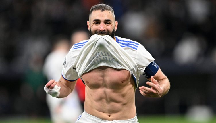 Real Madrid's Karim Benzema celebrates scoring against Paris Saint Germain at the Bernabeu Stadium, Madrid, March 2022.