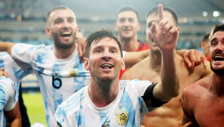 Lionel Messi of Argentina celebrates the victory with teammates after the Copa America 2021, Final football match between Argentina and Brazil on July 11, 2021 at Maracana stadium in Rio de Janeiro, Brazil. 11 July 2021.