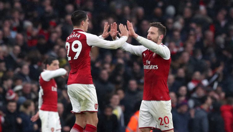 Granit Xhaka and Shkodran Mustafi before Arsenal's match against Tottenham, Emirates Stadium, November 2017