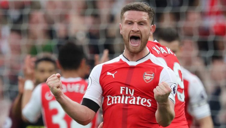 Shkodran Mustafi celebrates scoring for Arsenal v Manchester City. Emirates Stadium, London. April 2017.