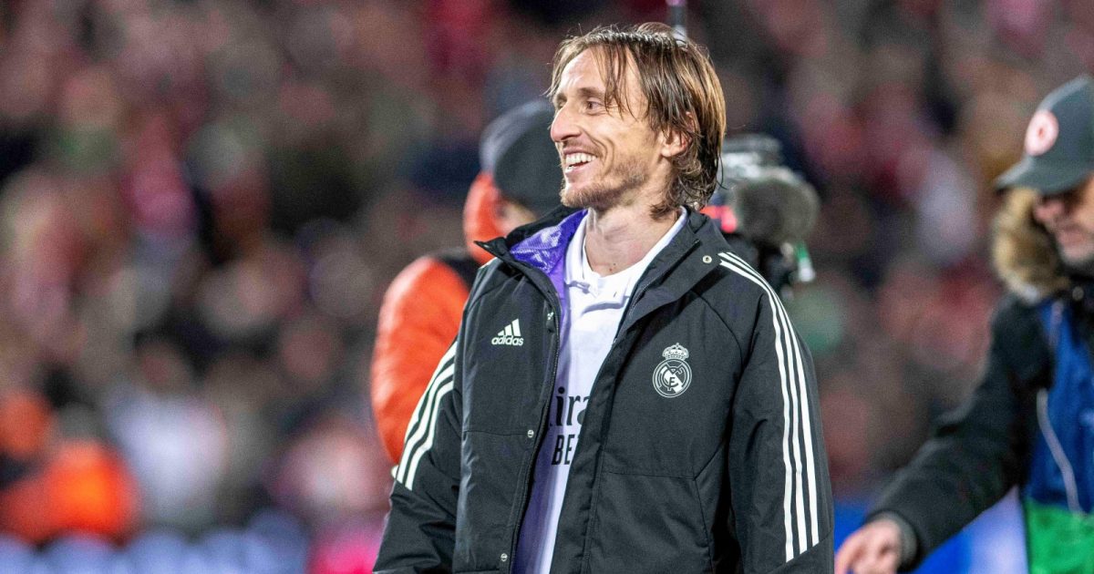 Liverpool, UK. 21st Feb, 2023. UEFA Champions League round of 16 match Liverpool vs Real Madrid at Anfield, Liverpool. Picture date: Tuesday February 21, 2023. Modric celebrates win 900/