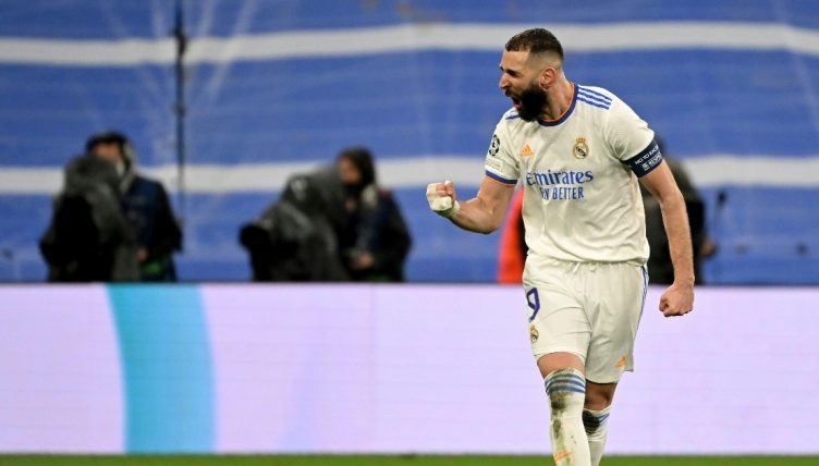 Karim Benzema celebrates his goal against Chelsea for Real Madrid, Santiago Bernabeu, April 2022