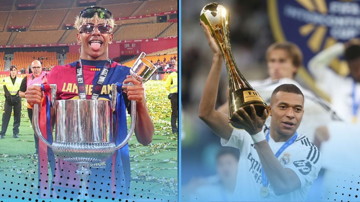 Barcelona Real Madrid trophy comparison featuring Lamine Yamal with the Copa del Rey (left) and Kylian Mbappe with the Intercontinental Cup (right)