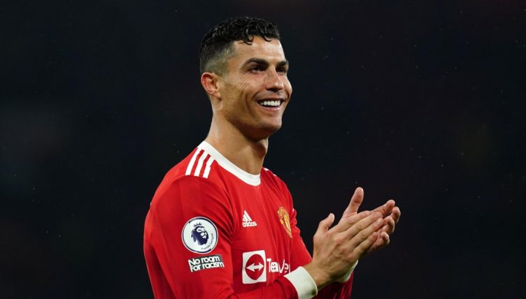 Manchester United's Cristiano Ronaldo applauds the fans following the Premier League match at Old Trafford. Monday May 2, 2022.