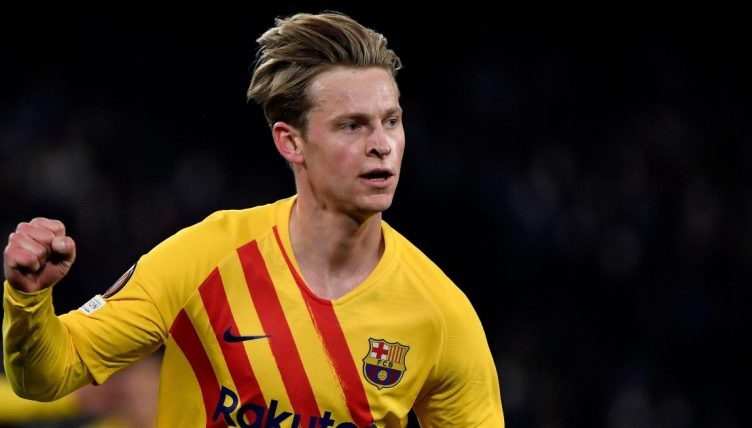 Barcelona's Frenkie de Jong celebrates scoring against Napoli at Diego Armando Maradona Stadium, Naples, February 2022.
