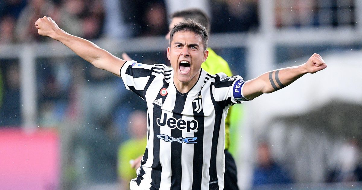 Paulo Dybala of Juventus celebrates scoring against Genoa in Serie A at Stadio Luigi Ferraris, Genova, Italy on 6 May 2022.