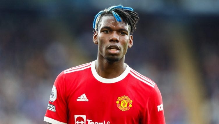 Manchester United's Paul Pogba playing in a Premier League game at the King Power Stadium. October 2021.