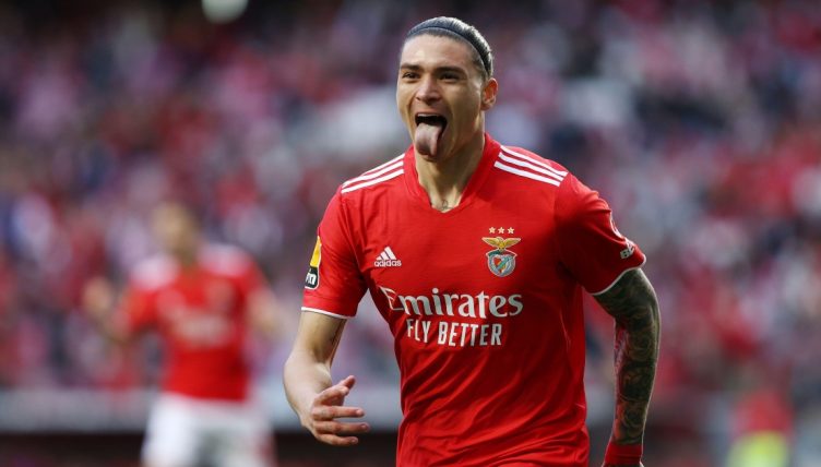 Benfica's Darwin Nunez celebrates scoring their second goal of the Primeira Liga game. Estadio da Luz, April 2022.
