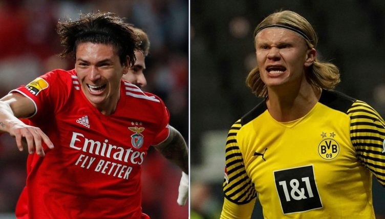 Darwin Nunez playing for Benfica and Erling Haaland playing for Borussia Dortmund in the 2021-22 season.