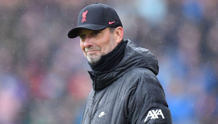 Liverpool manager Jurgen Klopp during their Premier League victory over Burnley at Turf Moor, Burnley, February 2022.