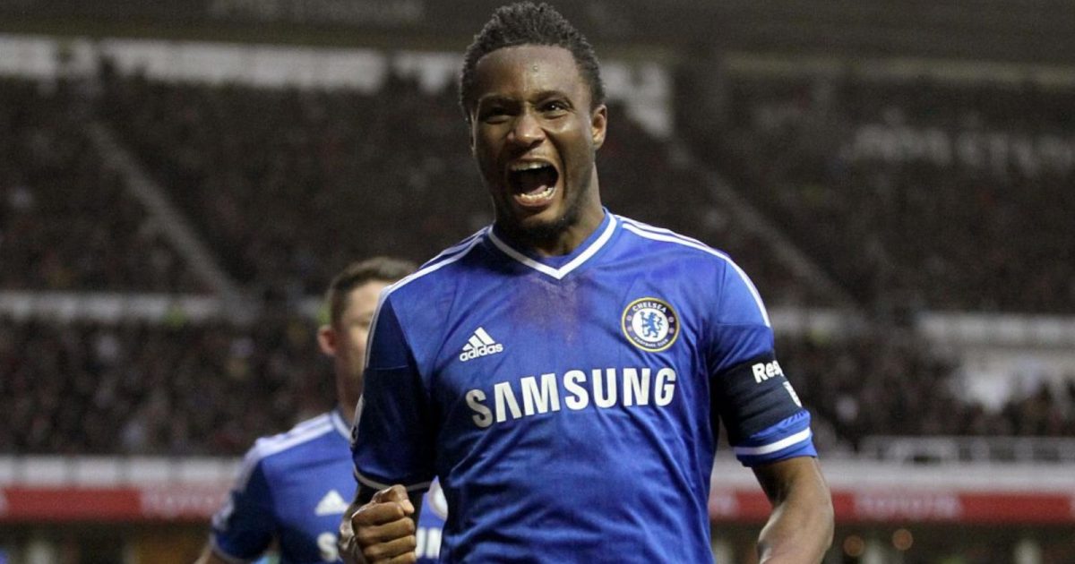 John Obi Mikel celebrates scoring for Chelsea against Derby County in the 3rd round of the FA Cup. Stamford Bridge, London, January 2014.