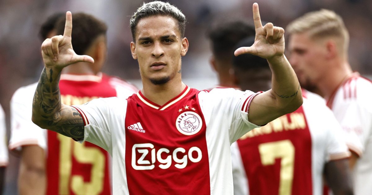 Antony Matheus Dos Santos of Ajax celebrates 2-1 during the Dutch Eredivisie match between Ajax Amsterdam and FC Groningen at the Johan Cruijff ArenA on August 14, 2022 in Amsterdam, Netherlands.