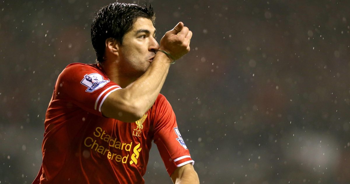 Luis Suarez celebrates after scoring during Liverpool's Premier League demolition of Everton at Anfield, Liverpool, January 2014.
