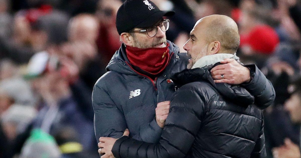 Jurgen Klopp and Pep Guardiola embrace after the Premier League match between Liverpool and Manchester City at Anfield, Liverpool, November 2019.
