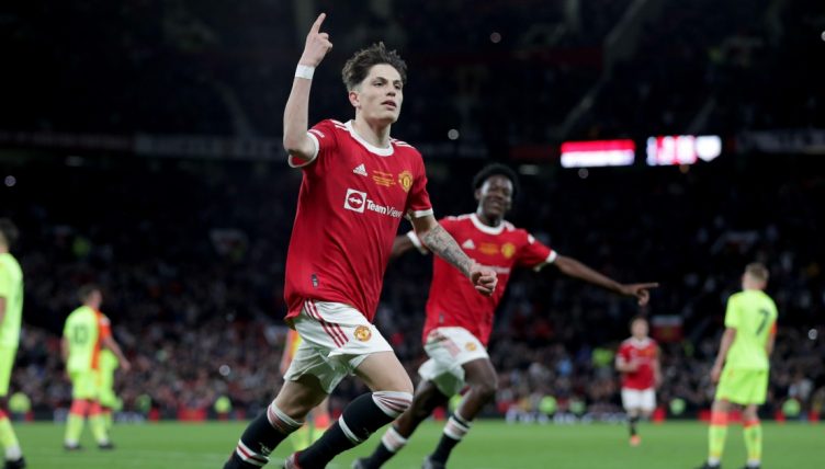 Alejandro Garnacho celebrates scoring for Manchester United, Manchester, Old Trafford, 11 May 2022.