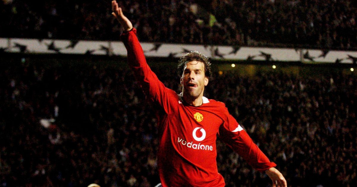 Manchester United's Ruud van Nistelrooy celebrates scoring against Benfica at Old Trafford, Manchester, September 2005.