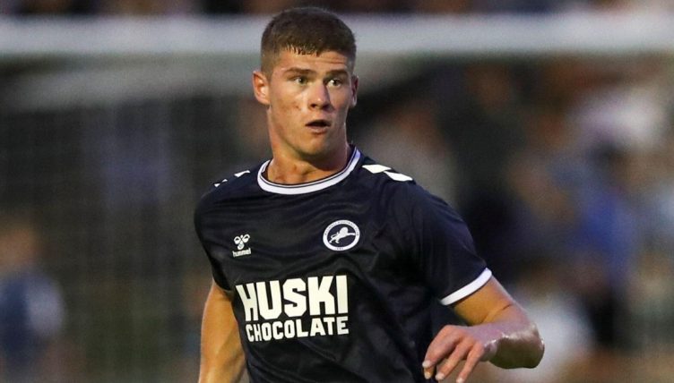 Leeds United loanee Charlie Cresswell of Millwall passes the ball during the Pre-season Friendly match between Dartford and Millwall at Princes Park, Dartford on Tuesday 12th July 2022.