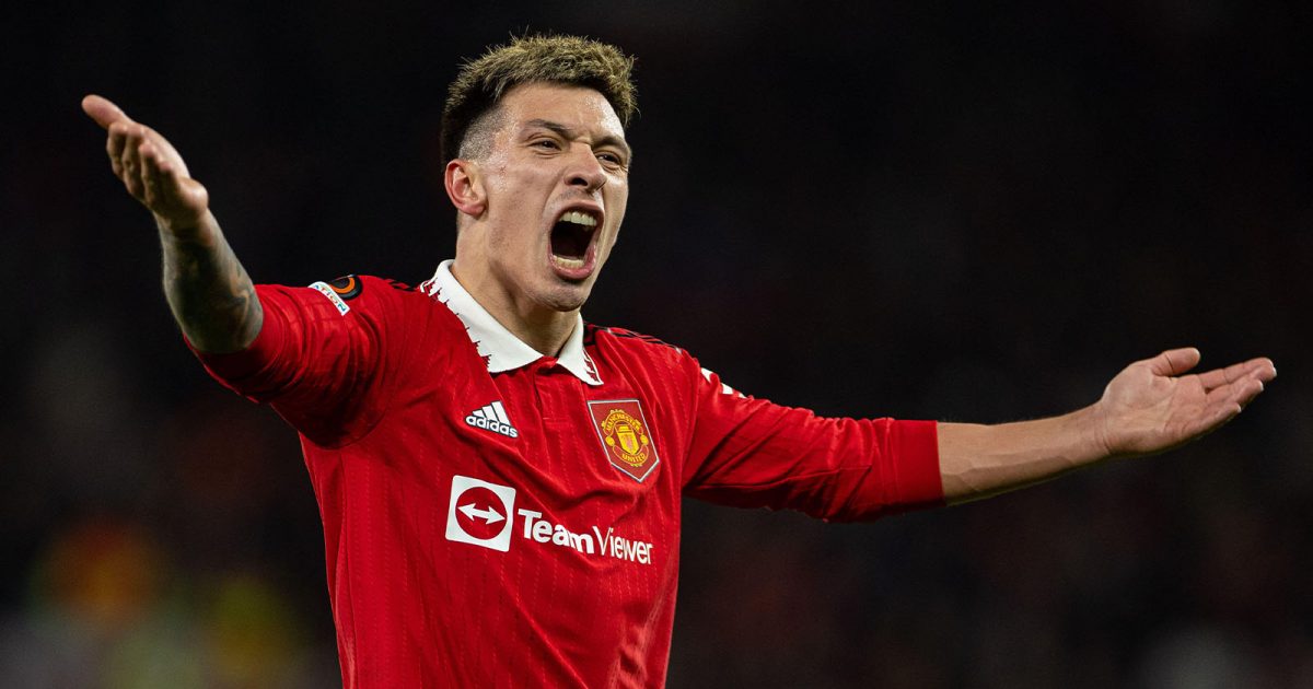 Manchester United's Lisandro Martinez celebrates at the final whistle of the UEFA Europa League play-off 2nd leg match between Manchester United and Barcelona in Manchester, Britain, Feb. 23, 2023.