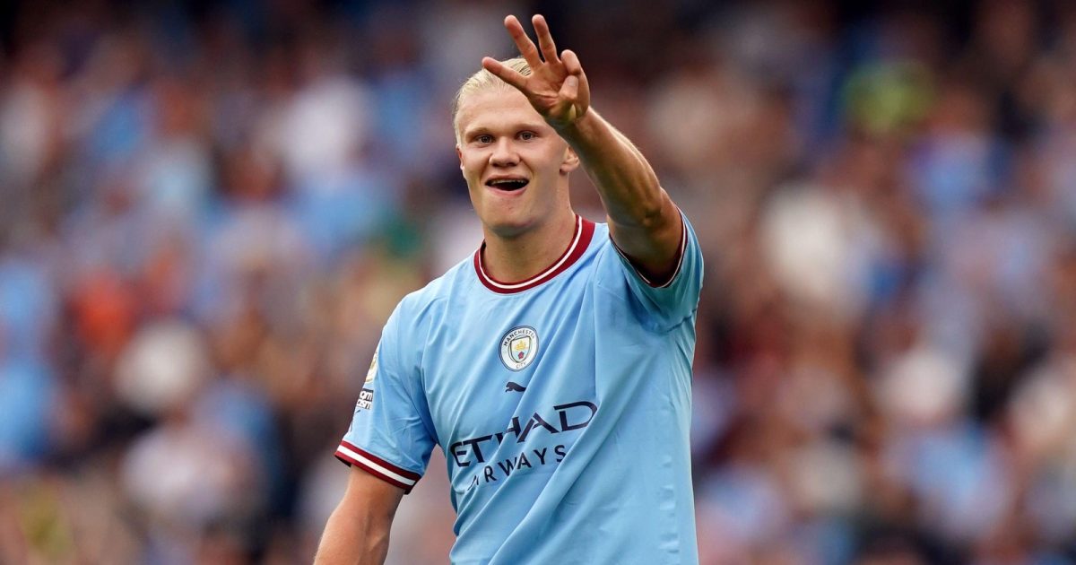 Manchester City's Erling Haaland celebrates scoring his sides fourth goal of the game to complete his hat trick during the Premier League match at the Etihad Stadium, Manchester. Picture date: Saturday August 27, 2022.