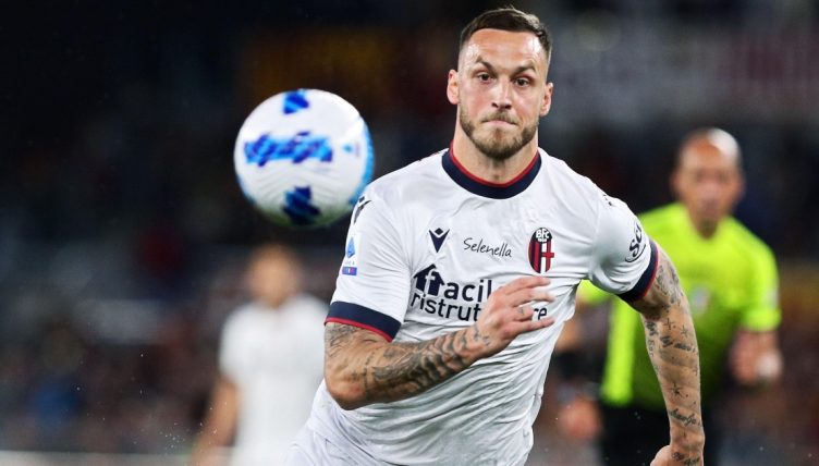Bologna forward Marko Arnautovic watches the ball during their Serie A match against Roma at Stadio Olimpico, Rome, May 2022.