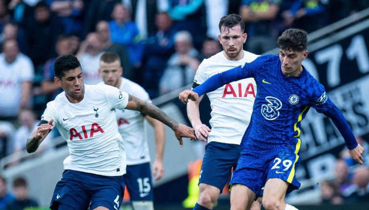 Kai Havertz and Cristian Romero during the Premier League match between Tottenham Hotspur and Chelsea at Tottenham Hotspur Stadium on September 19, 2021.
