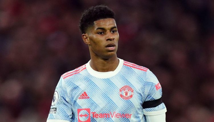 Marcus Rashford during the Premier League match between Liverpool and Manchester United at Anfield, Liverpool, April 2022.