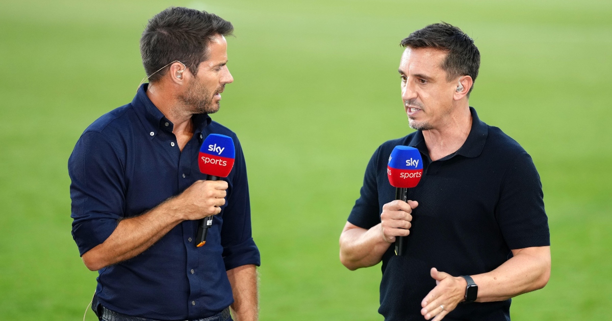Sky Sports pundits Gary Neville and Jamie Redknapp after the Premier League match between Manchester United and Brentford at the Gtech Community Stadium. August 13, 2022.