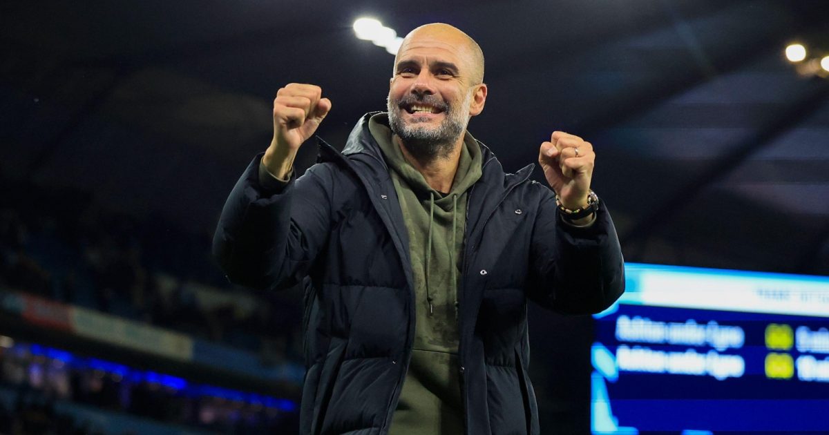 Manchester City manager Pep Guardiola celebrates after beating Chelsea at Etihad Stadium, Manchester, November 2022.