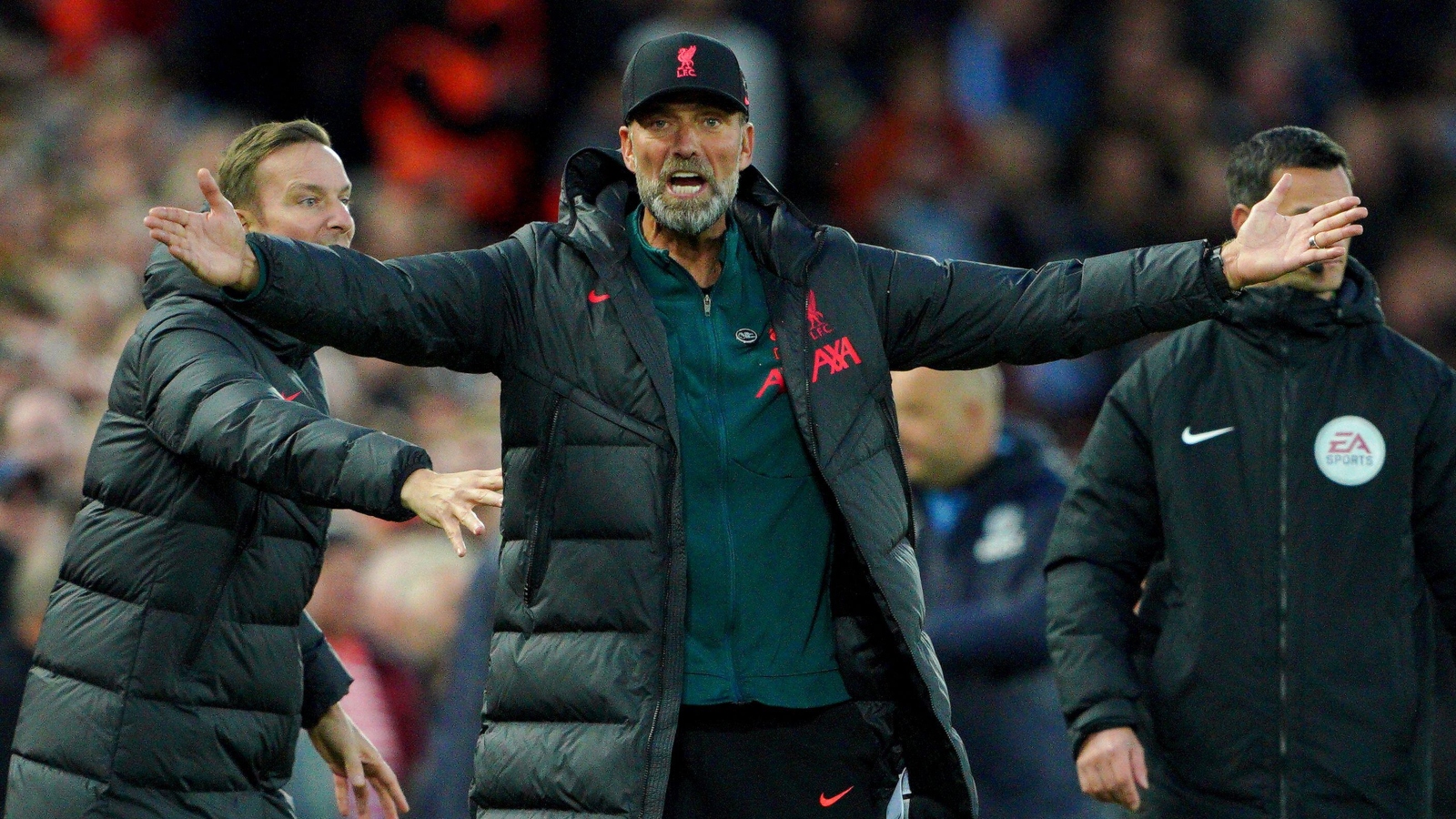 Jurgen Klopp appeals during the Premier League match between Liverpool and Manchester City at Anfield, Liverpool, October 2022.