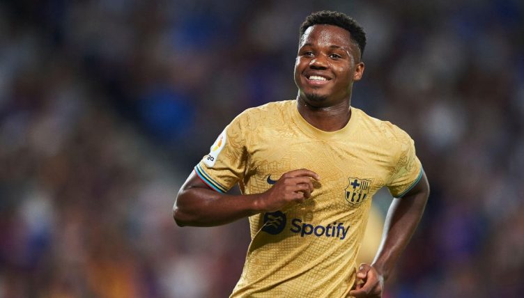 Ansu Fati of FC Barcelona celebrates scoring during the La Liga match against Real Sociedad at Reale Arena Stadium on August 21, 2022 in San Sebastian, Spain.