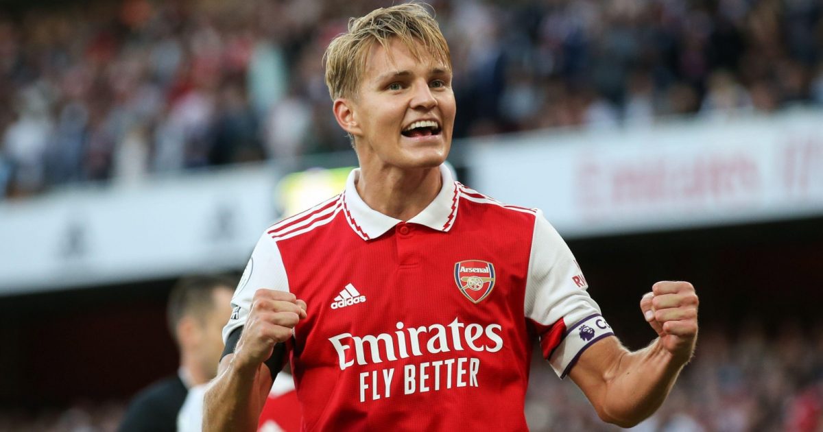Arsenal's Martin Odegaard celebrates after Gabriel scores in the Premier League game aganst Fulham. Emirates Stadium, 27 August 2022.