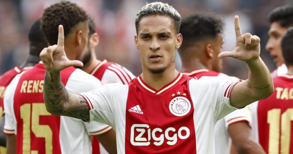 Ajax's Antony celebrates his goal against Groningen in the Eredivisie. Johan Cruijff Arena, August 2022.