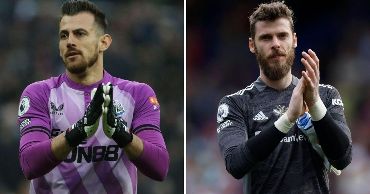 Composite image of Martin Dubravka playing for Newcastle United and David de Gea playing for Manchester United, both in the Premier League in the 2021-22 season.