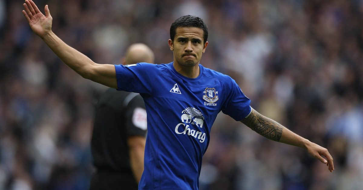 Everton's Tim Cahill celebrates the opening goal during their 2-0 victory over Liverpool at Goodison Park, Liverpool, October 2010.
