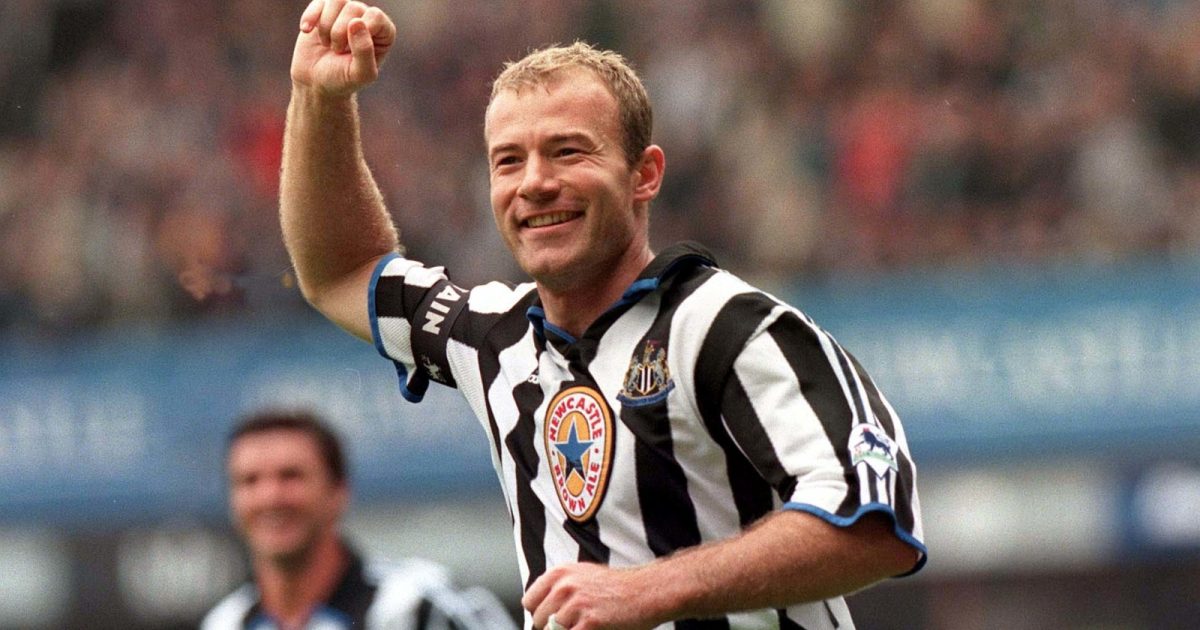 Newcastle United captain Alan Shearer celebrates his hat-trick goal against Sheffield Wednesday at St James' Park, Newcastle, September 1999.