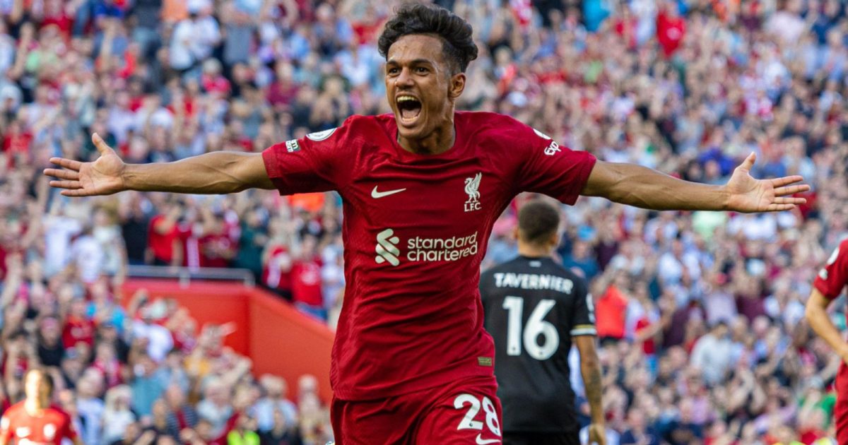 Liverpool's Fabio Carvalho celebrates after scoring a goal during the English Premier League match between Liverpool and AFC Bournemouth at Anfield Stadium in Liverpool, Britain, on Aug. 27, 2022.