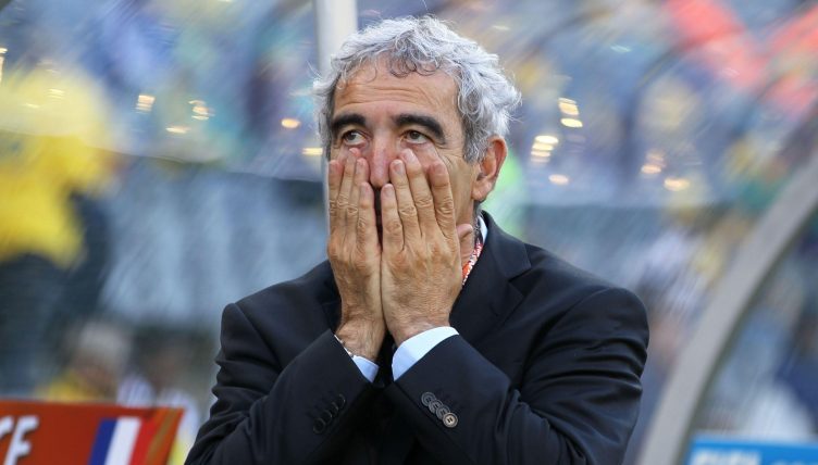 France coach Raymond Domenech looks dejected during his side's defeat against South Africa at the 2010 World Cup in Free State Stadium, Bloemfontein, South Africa, June 2010.