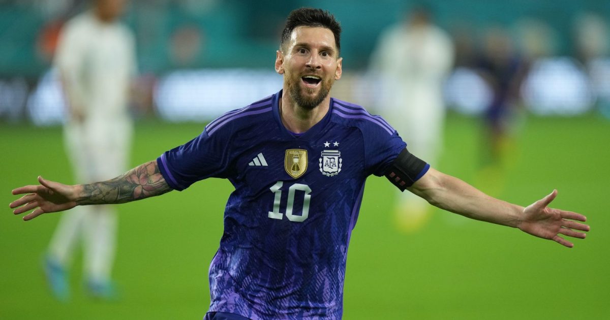 Lionel Messi (10) celebrates his second goal of the match during the game between Honduras and Argentina on Friday, Sept 23, 2022 at Hard Rock Stadium in Miami Gardens FL