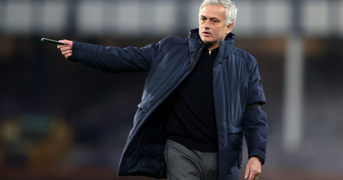 Jose Mourinho leaves the pitch during the Premier League match between Everton and Tottenham Hotspur at Goodison Park, Liverpool, April 2021.