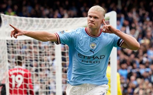 Erling Haaland celebrates after scoring in the Premier League match between Manchester City and Manchester United at Etihad Stadium, Manchester, October 2022.