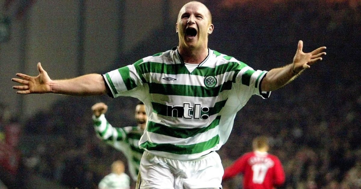 John Hartson celebrates scoring during the UEFA Cup match between Liverpool and Celtic at Anfield, Liverpool, March 2003.